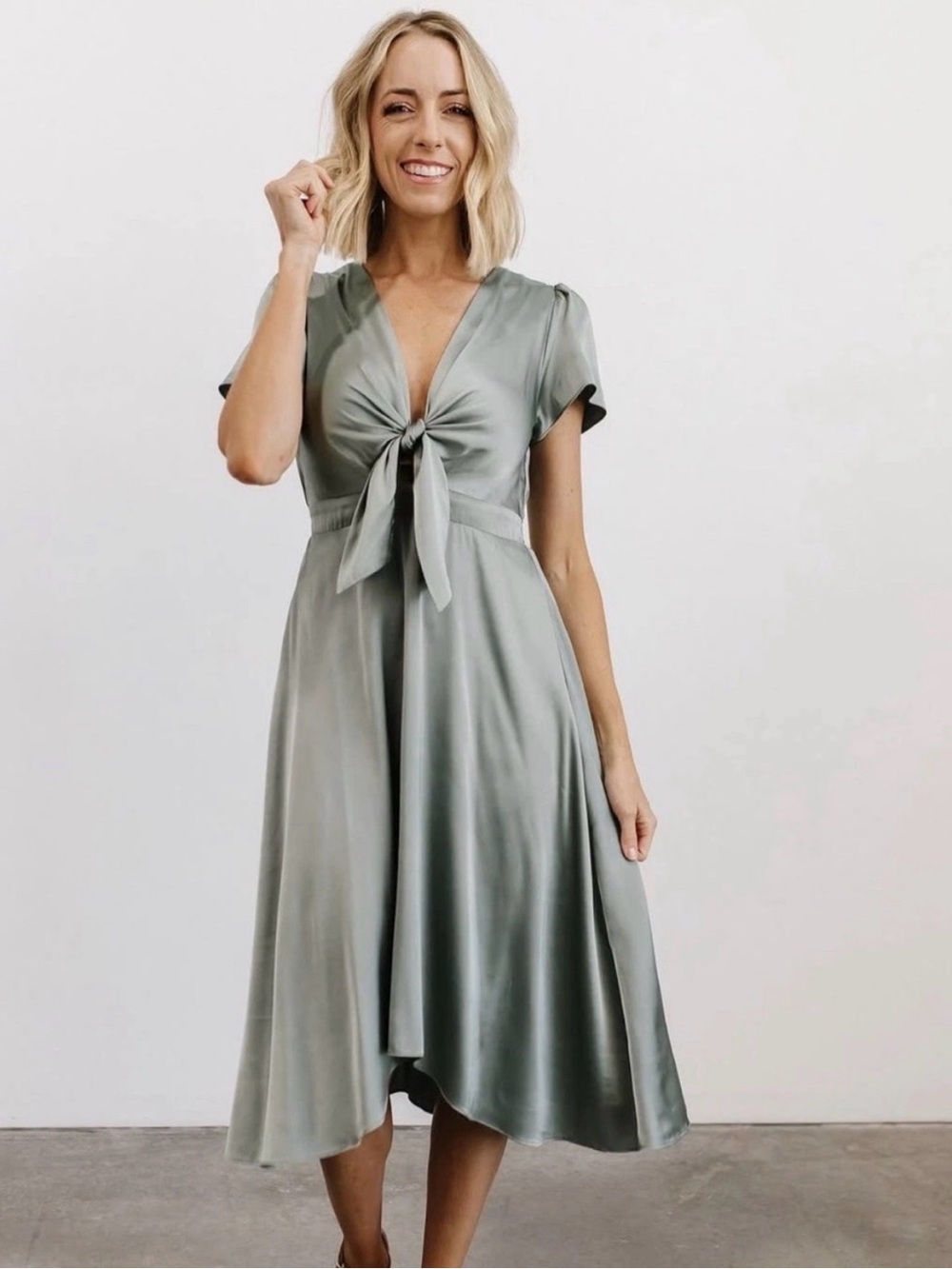 Baltic Born Poppy Tie-Front Satin Midi Dress in Sage Green